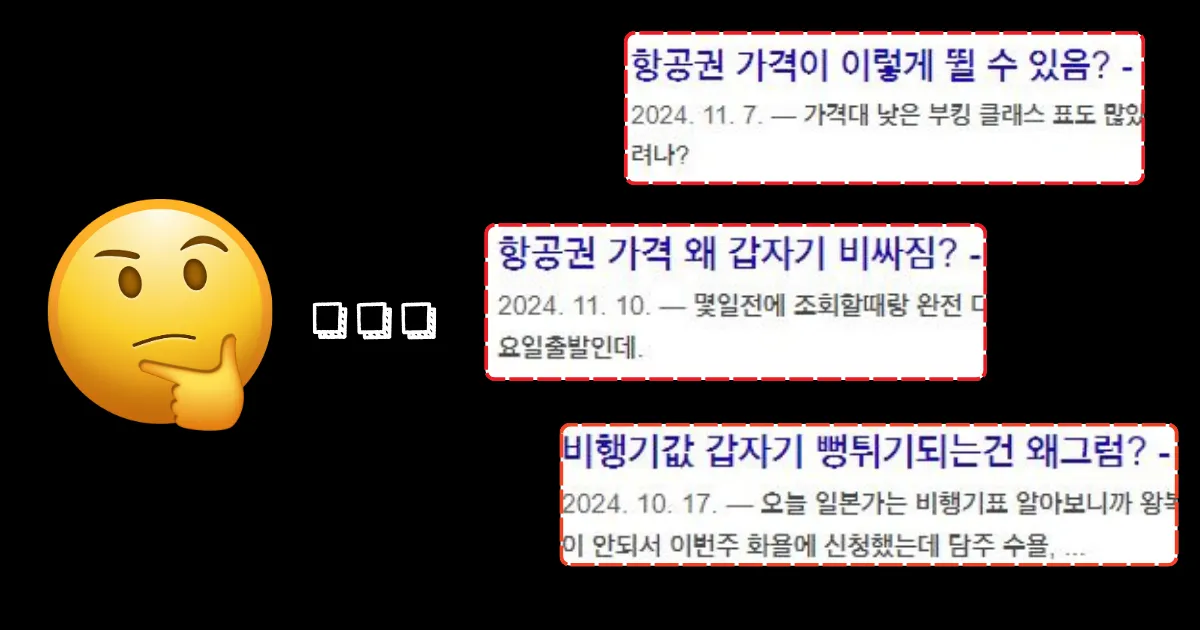 항공권 가격이 갑자기 상승했다는 커뮤니티 사례들을 포함한 이미지.