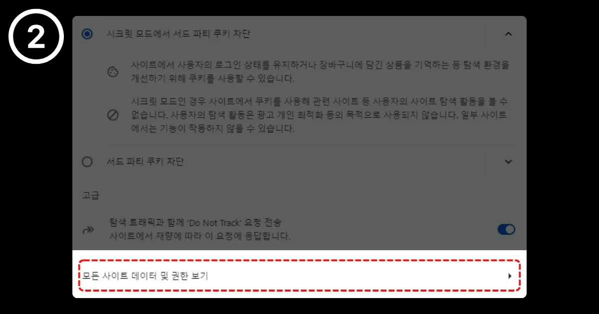 4-2. 쿠키 삭제를 위해 '모든 사이트 데이터 및 권한 보기'로 이동한다.