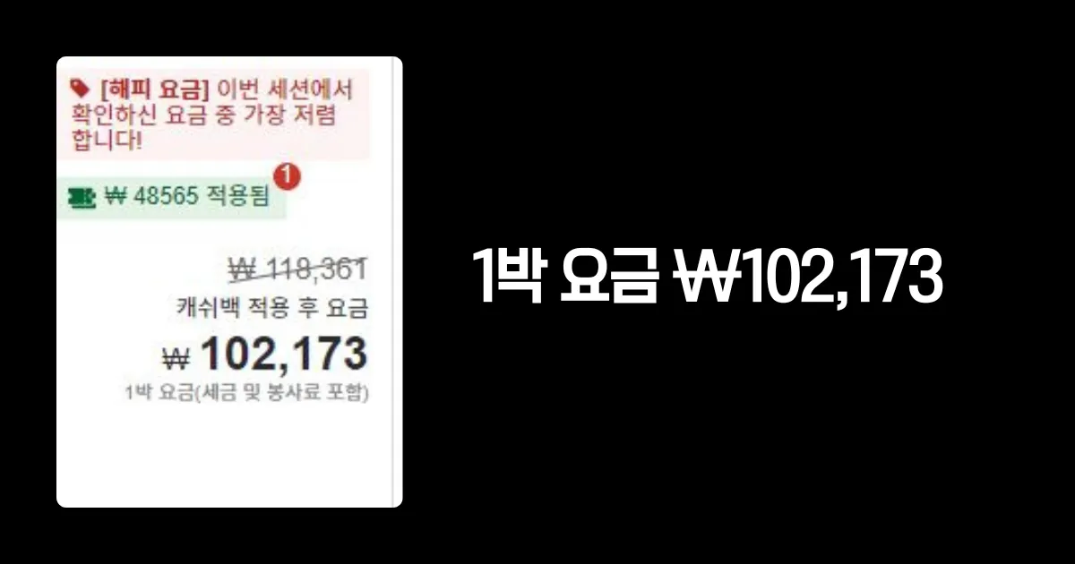 아고다에 바로 접속해서 호텔을 찾은 결과. 1박당 요금은 102,173원이다.